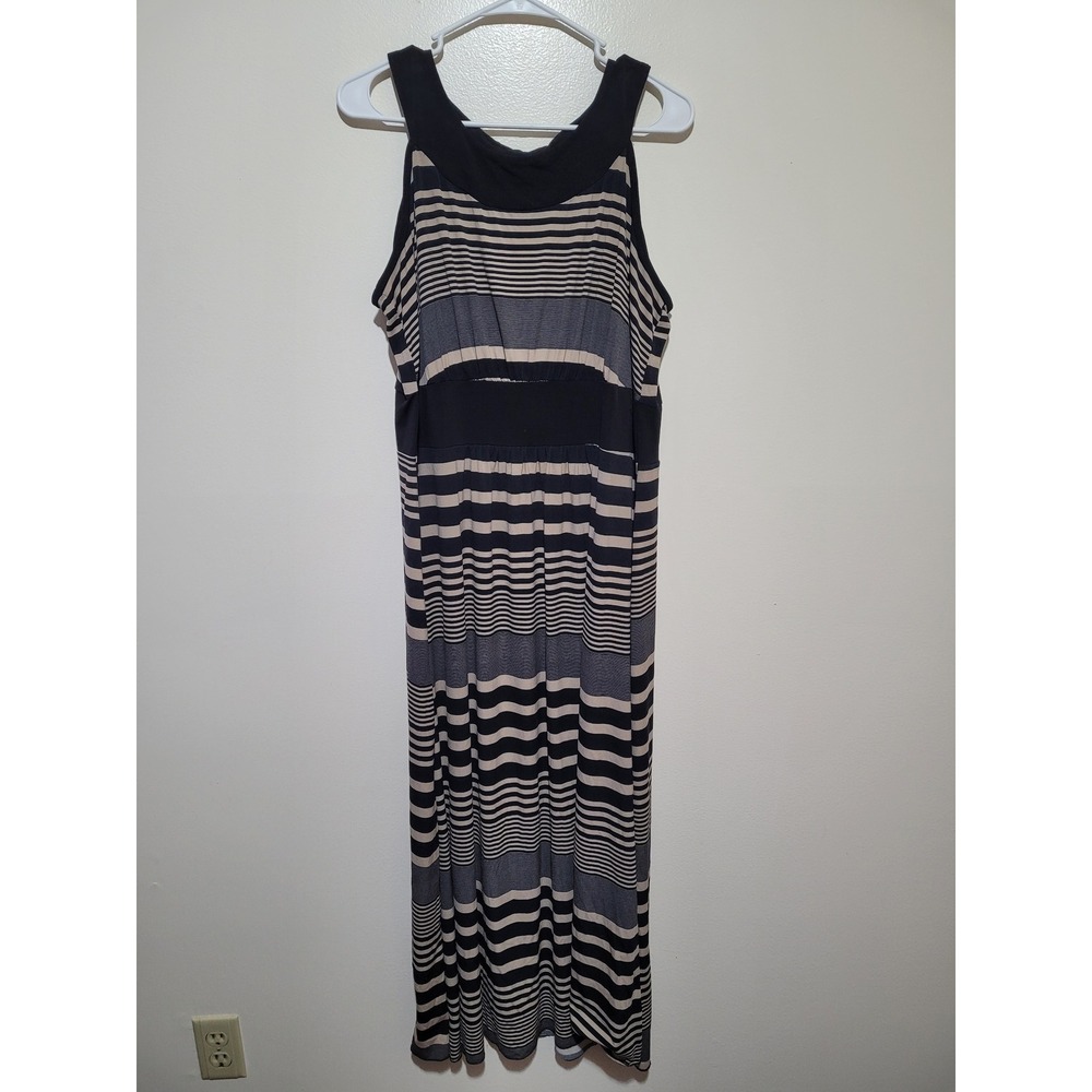 Susan Lawrence Maxi Dress Womens 1X‎ Black Beige Striped Empire Waist